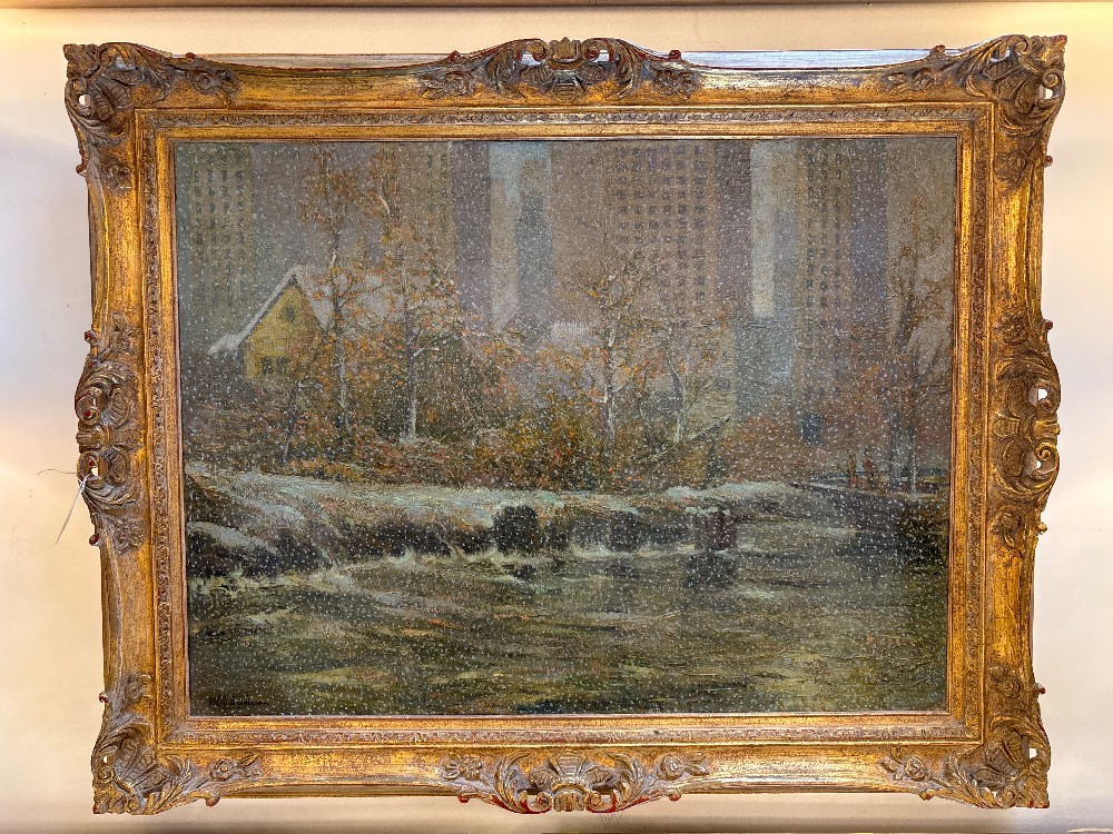 Winter City River Landscape Oil Painting by W.A. Eyden, Jr.