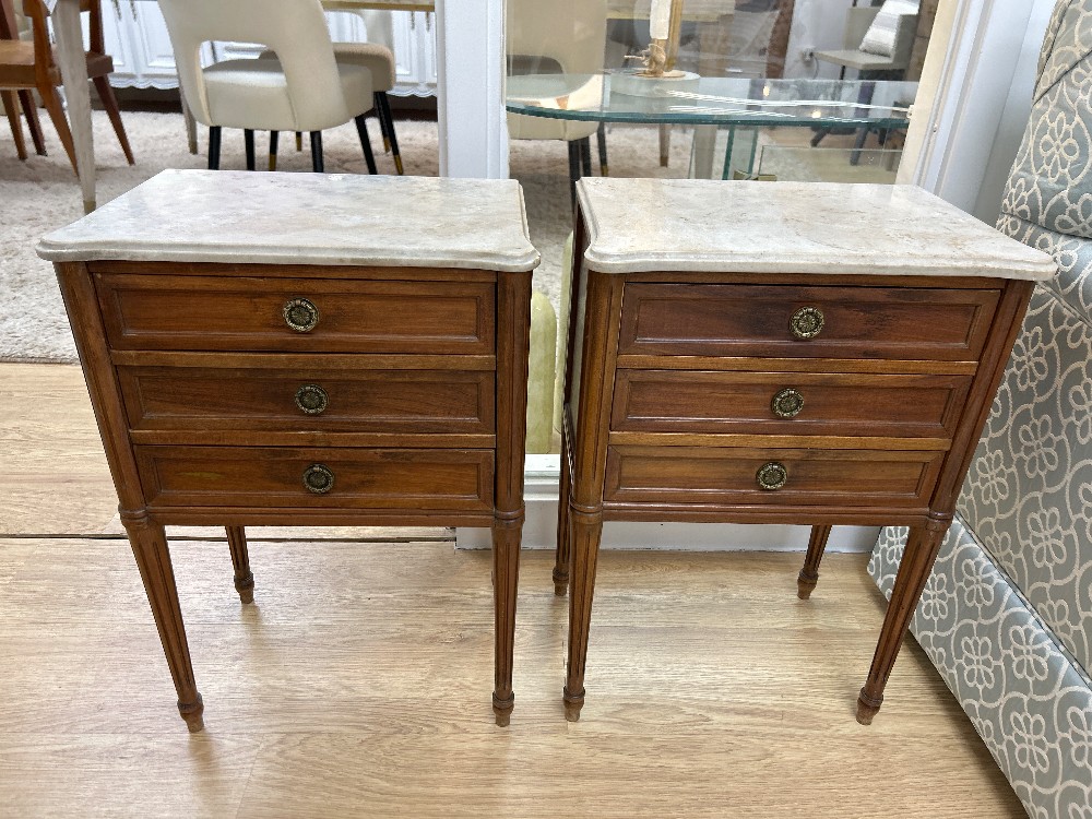 Antique Louis XVI Directoire Marble Top Nightstands, Pair