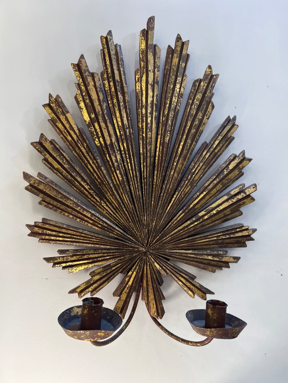Gilt Sunburst Double Candle Sconces, Pair