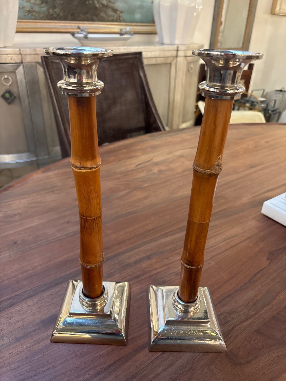 Bamboo & Nickel Candlesticks, Pair