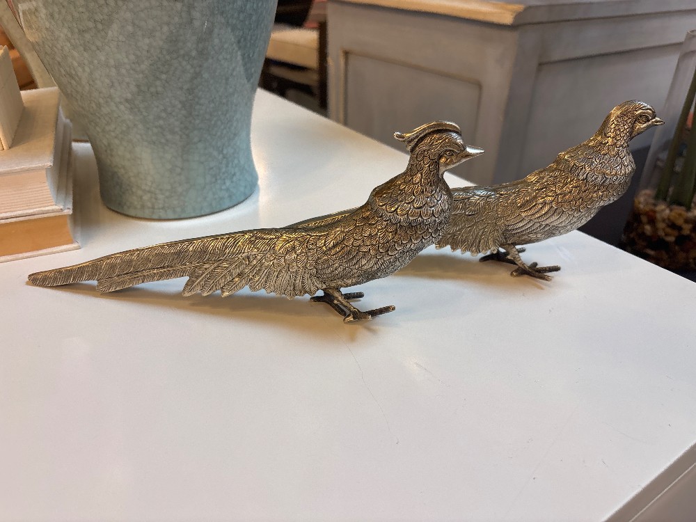 Vintage Silver Cast Metal Pheasant Figurines, Pair