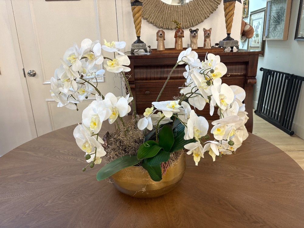Faux White Orchid Arrangement in Metallic Planter