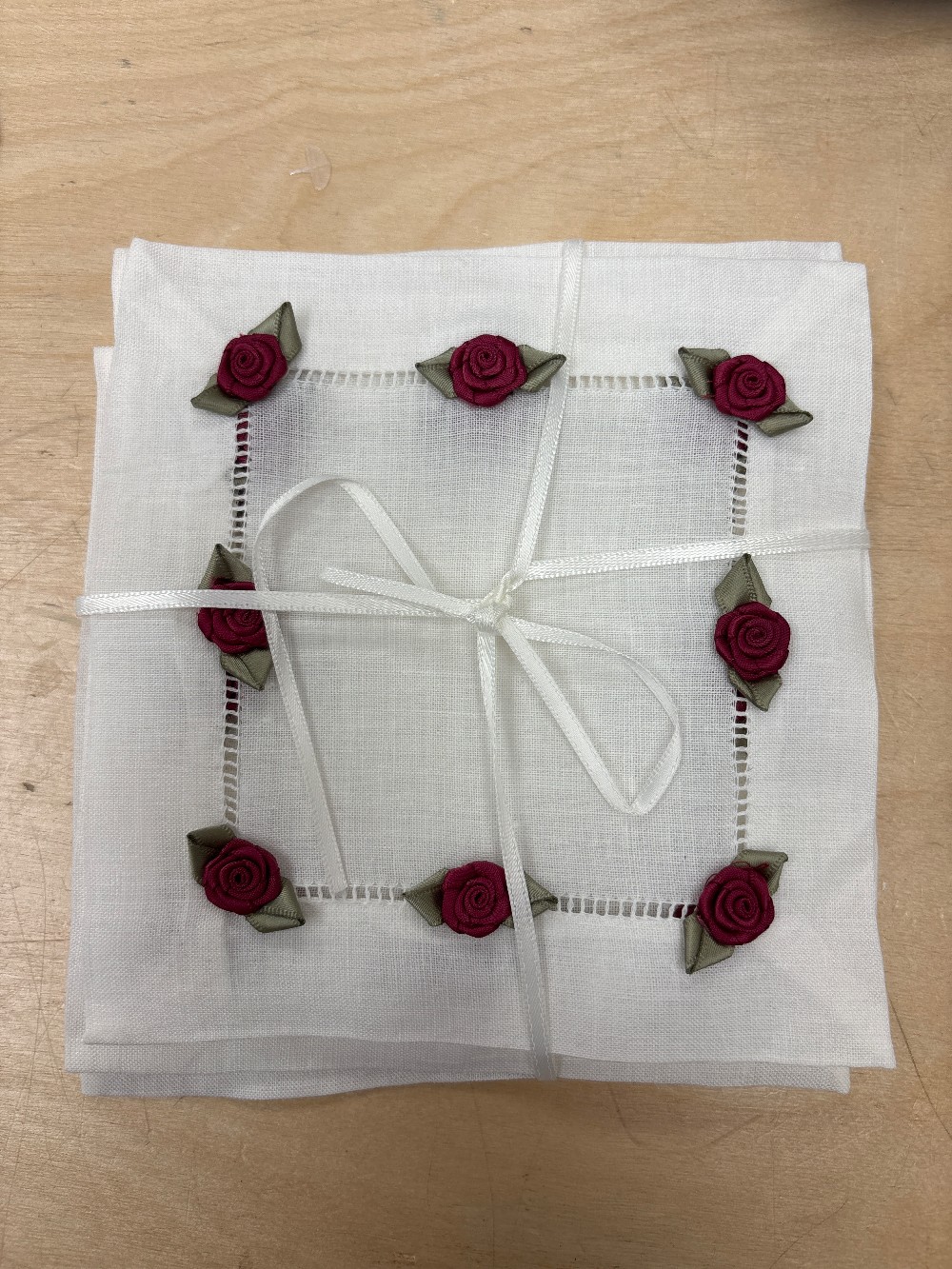 Linen Embroidered Rose Cocktail Napkins - Set of 4