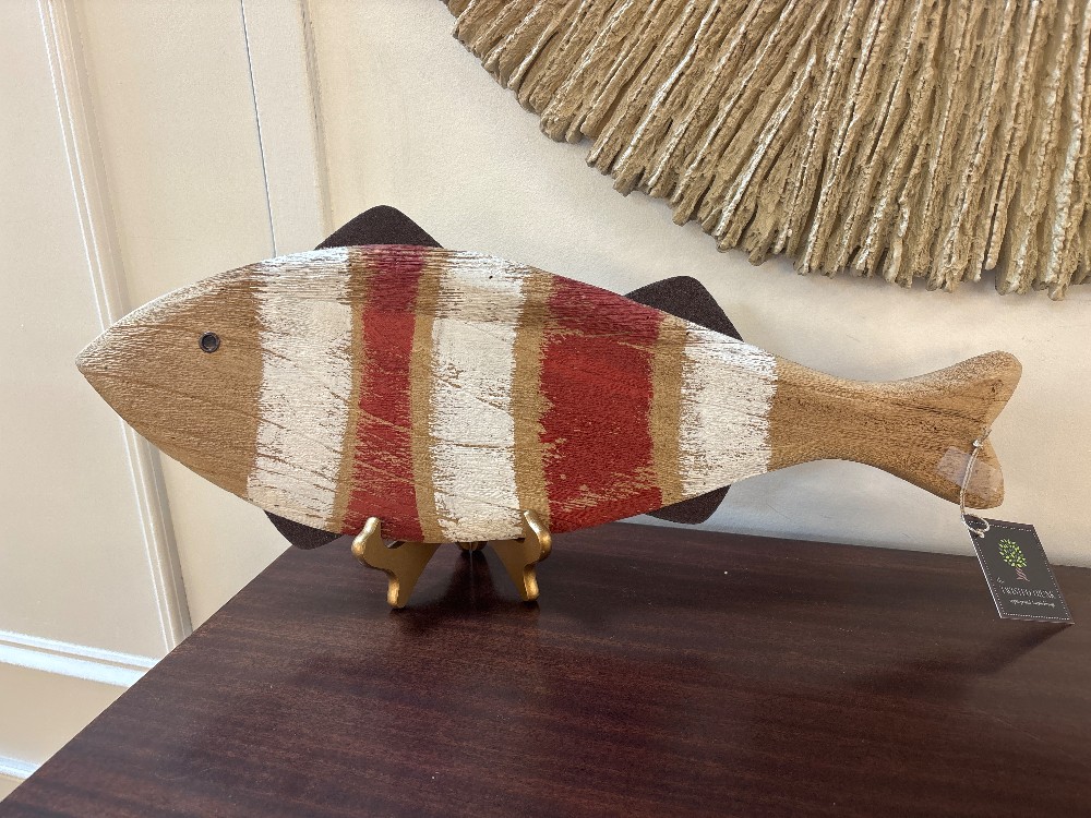 Carved Wood Striped Fish Folk Art Sculpture on Stand
