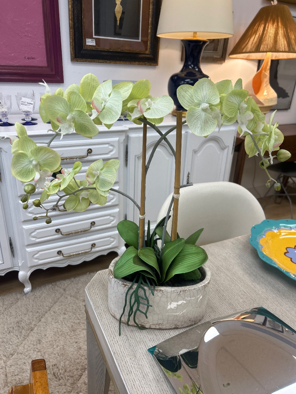 Faux Orchid in Oval Ceramic Planter
