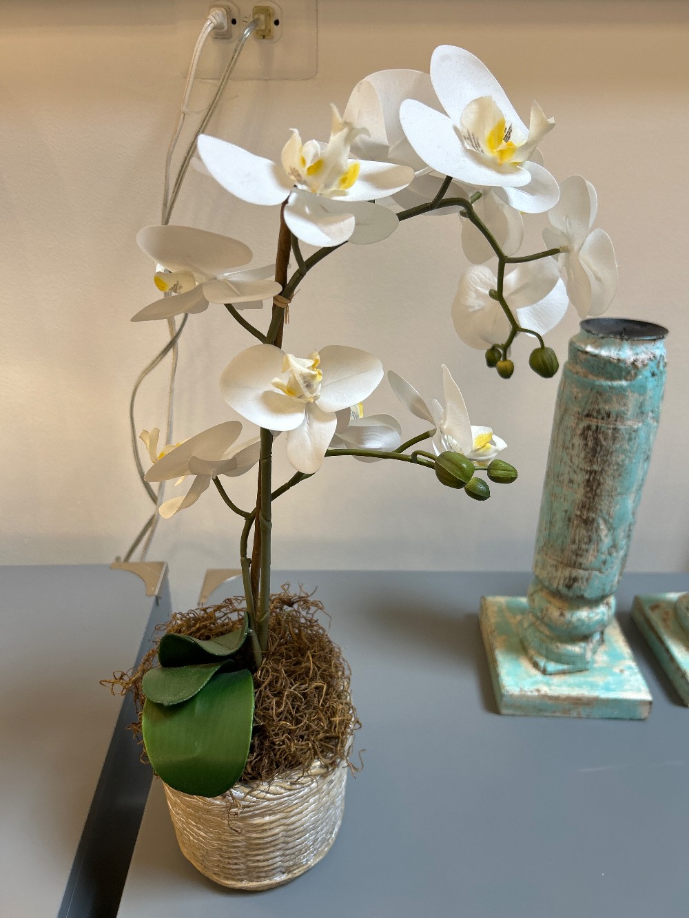 Faux Orchid in Ceramic Basket Planter