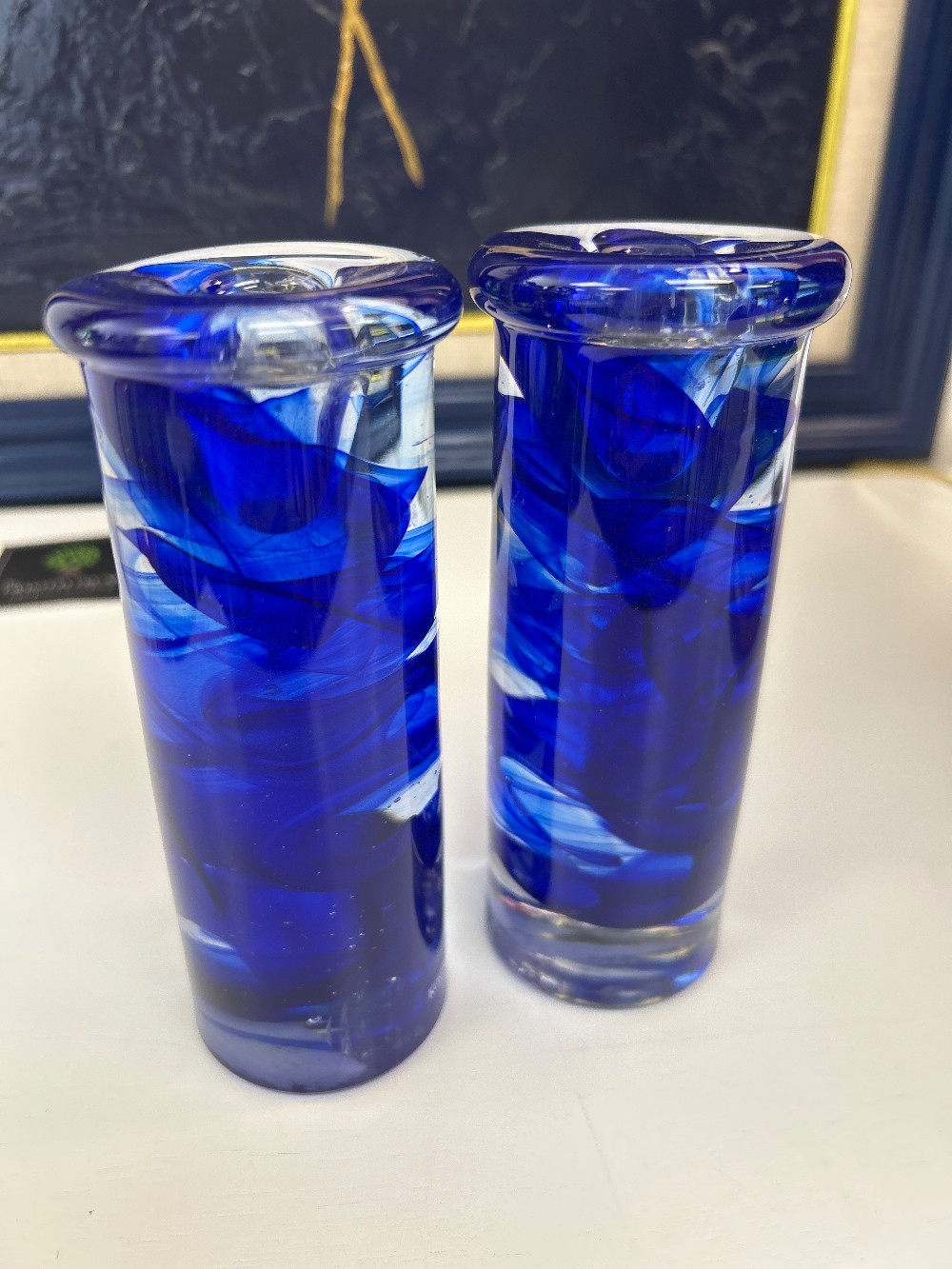 Kosta Boda Cobalt Art Glass Candlesticks, Pair