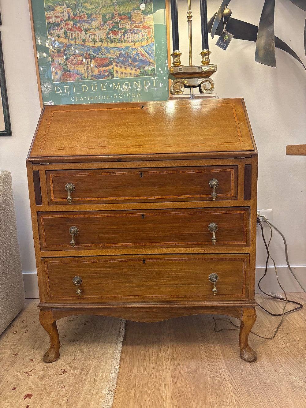 Antique Inlaid Mahogany 3-Drawer Drop Front Secretary