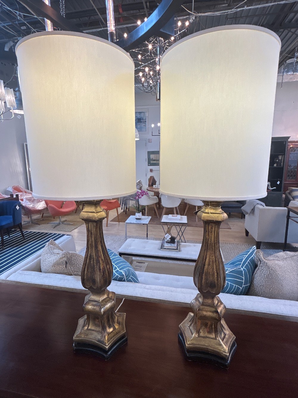 Vintage Tall Distressed Gilt Table Lamps, Pair