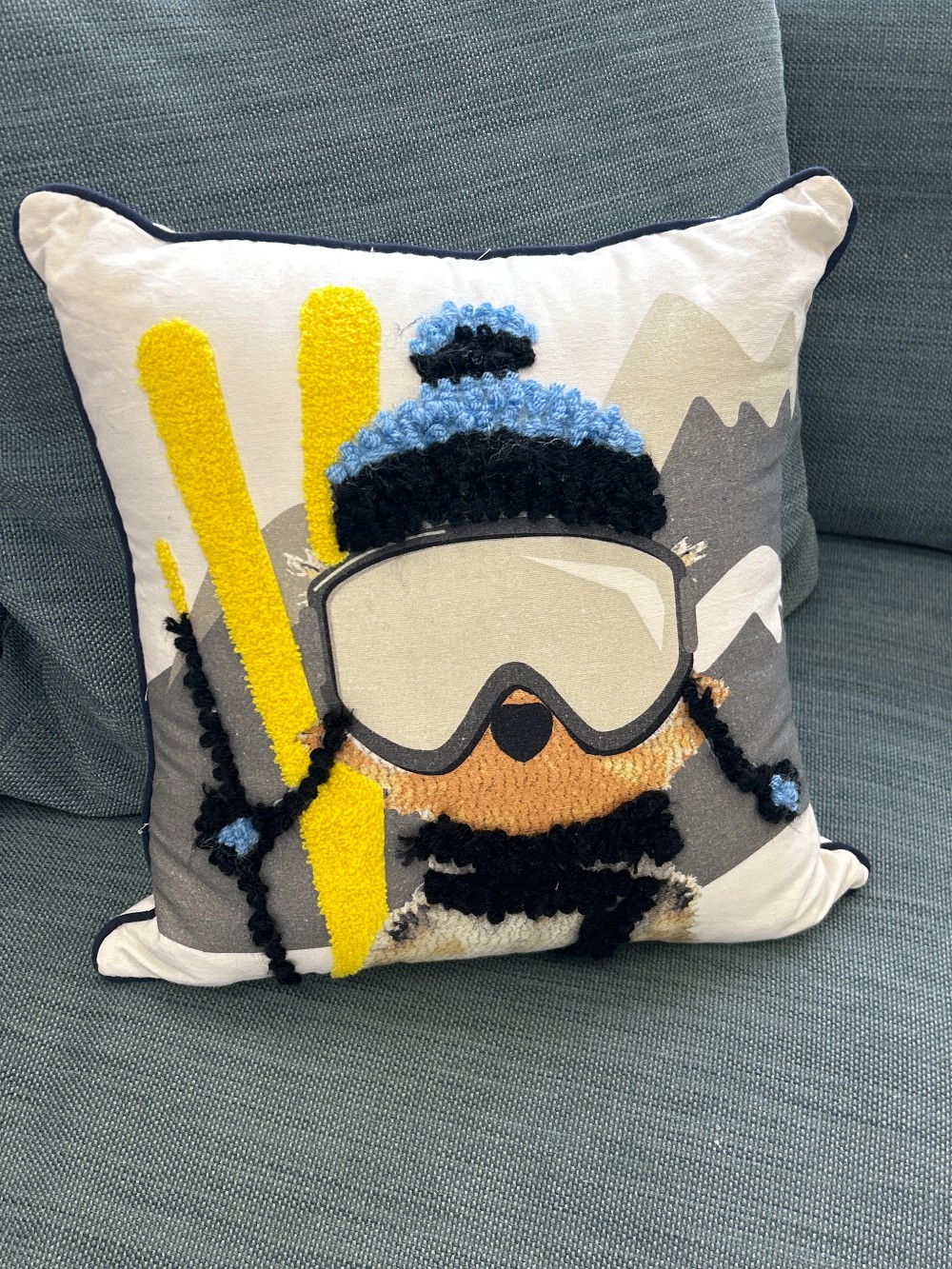 Wool Hooked Ski Dog Throw Pillow