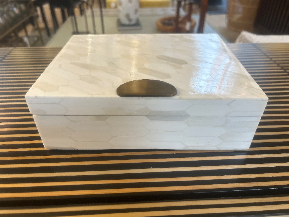 A Sanoma Inc Brass Accented Bone Inlay Box