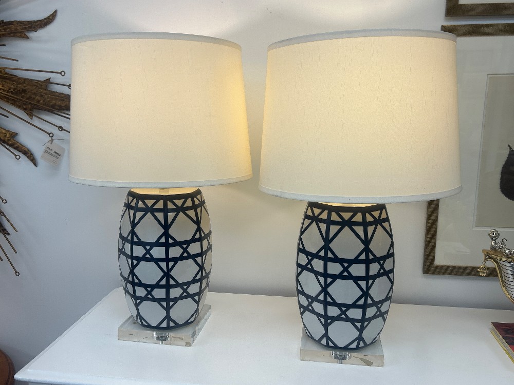 Blue & White Ceramic Lamps on Acrylic Base, Pair