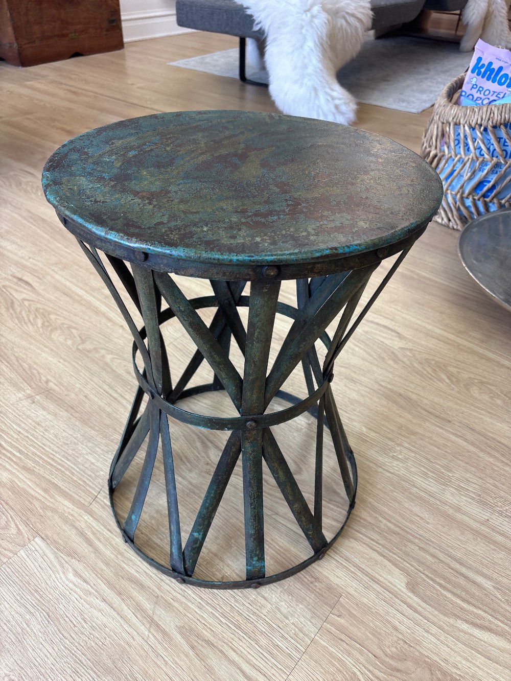 Metal Patina Drum Side Table