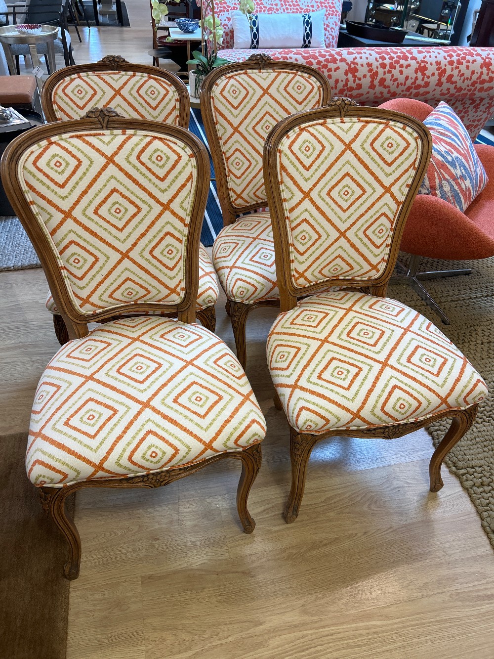 French Louis XV Upholstered Thibaut Fabric Chairs, Set of 4