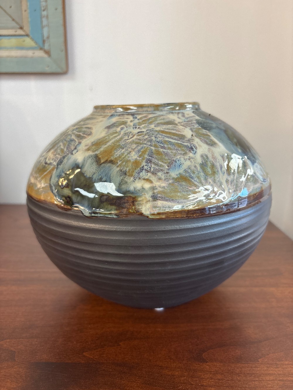 Ribbed Ceramic Glazed Floral Design Vase - Small