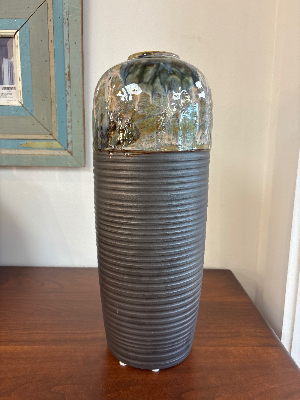 Ribbed Ceramic Glazed Floral Design Vase - Tall