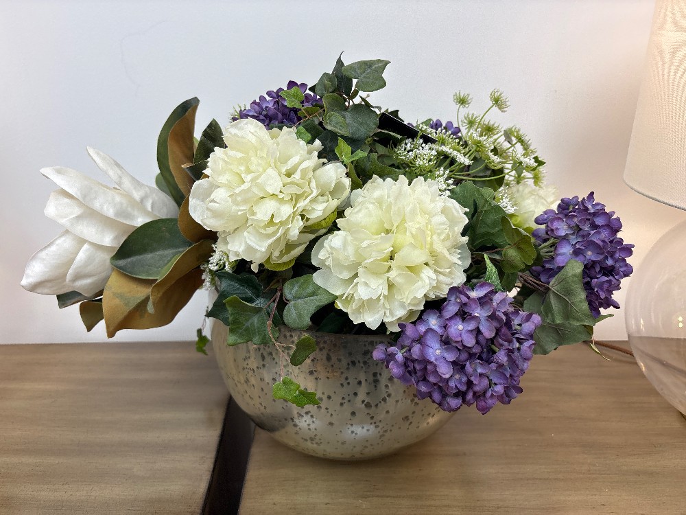 Faux Magnolia & Hydrangea Arrangement in Mercury Vase