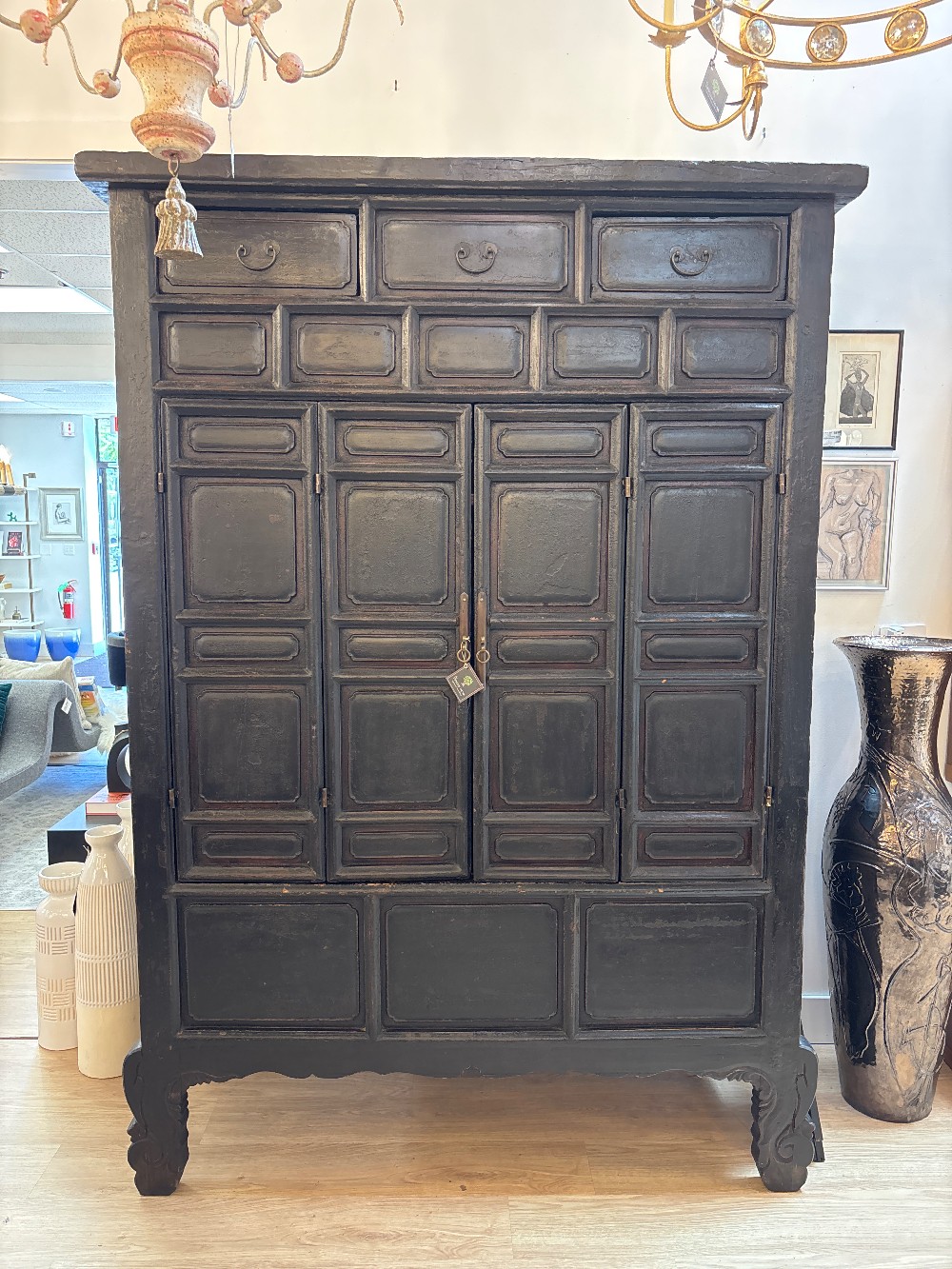 19th C. Chinese Black Lacquered Elm Cabinet