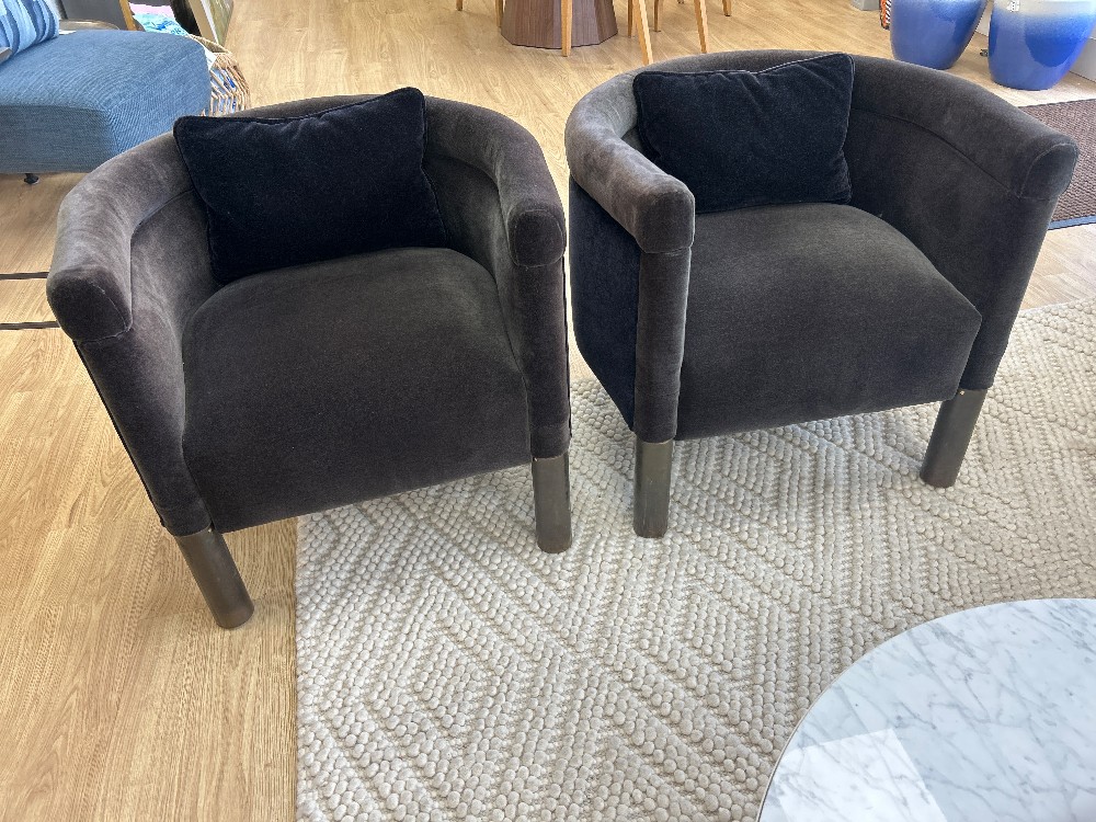 Mid-Century Brass Leg Italian Velvet Barrel Chairs, Pair