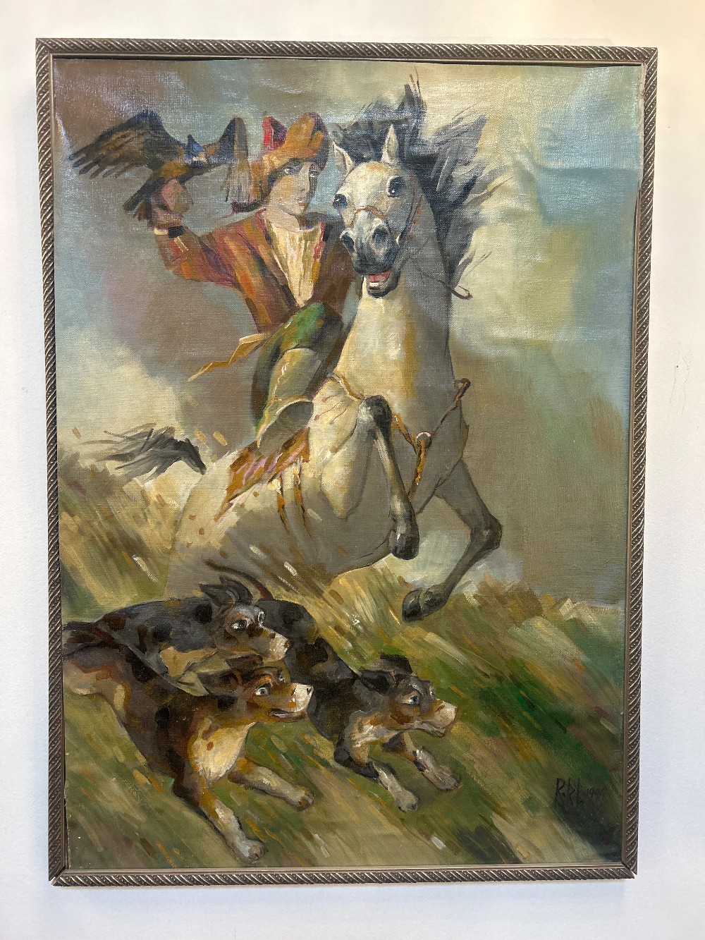Vintage Hunter on Horse with Dogs Painting, Signed, 1999