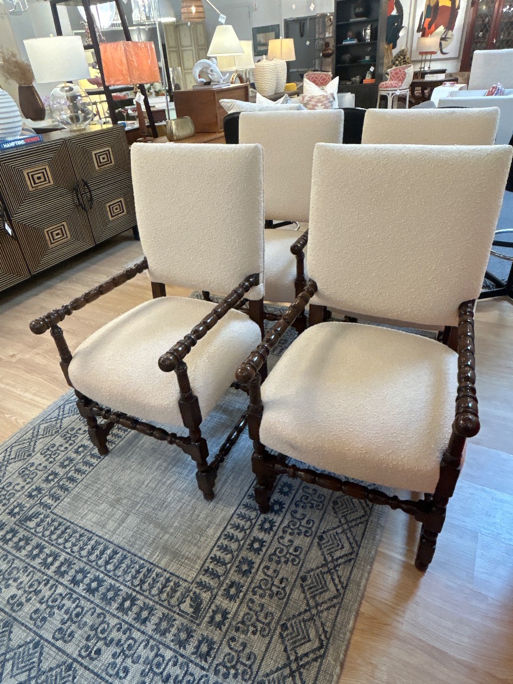 Mike Bell Azay Boucle Turned Wood Arm Chairs, Set of 4