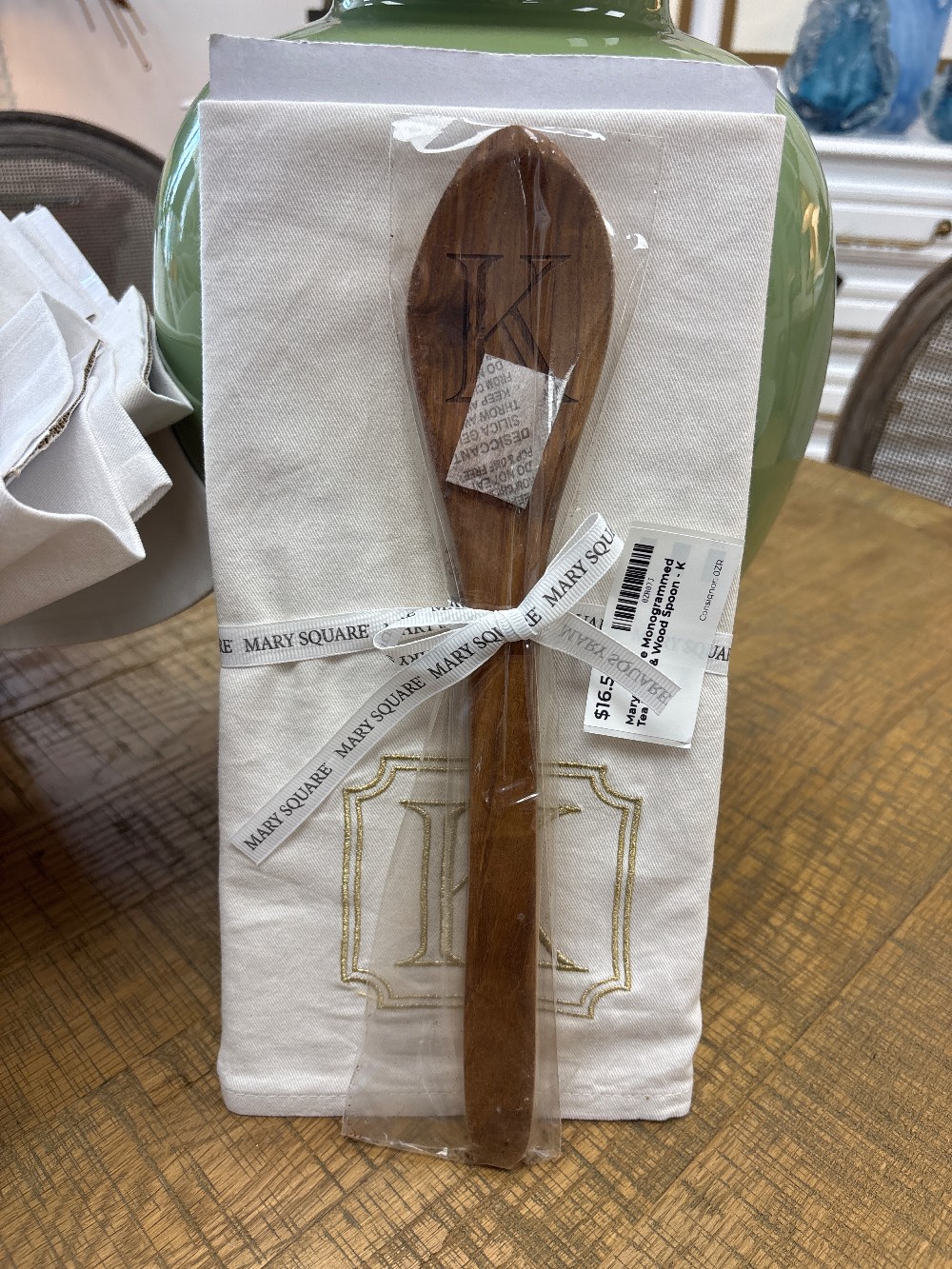 Mary Square Monogrammed Tea Towel & Wood Spoon - K