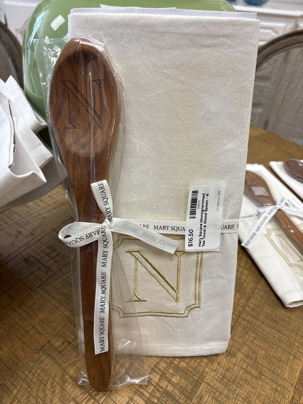 Mary Square Monogrammed Tea Towel & Wood Spoon - N