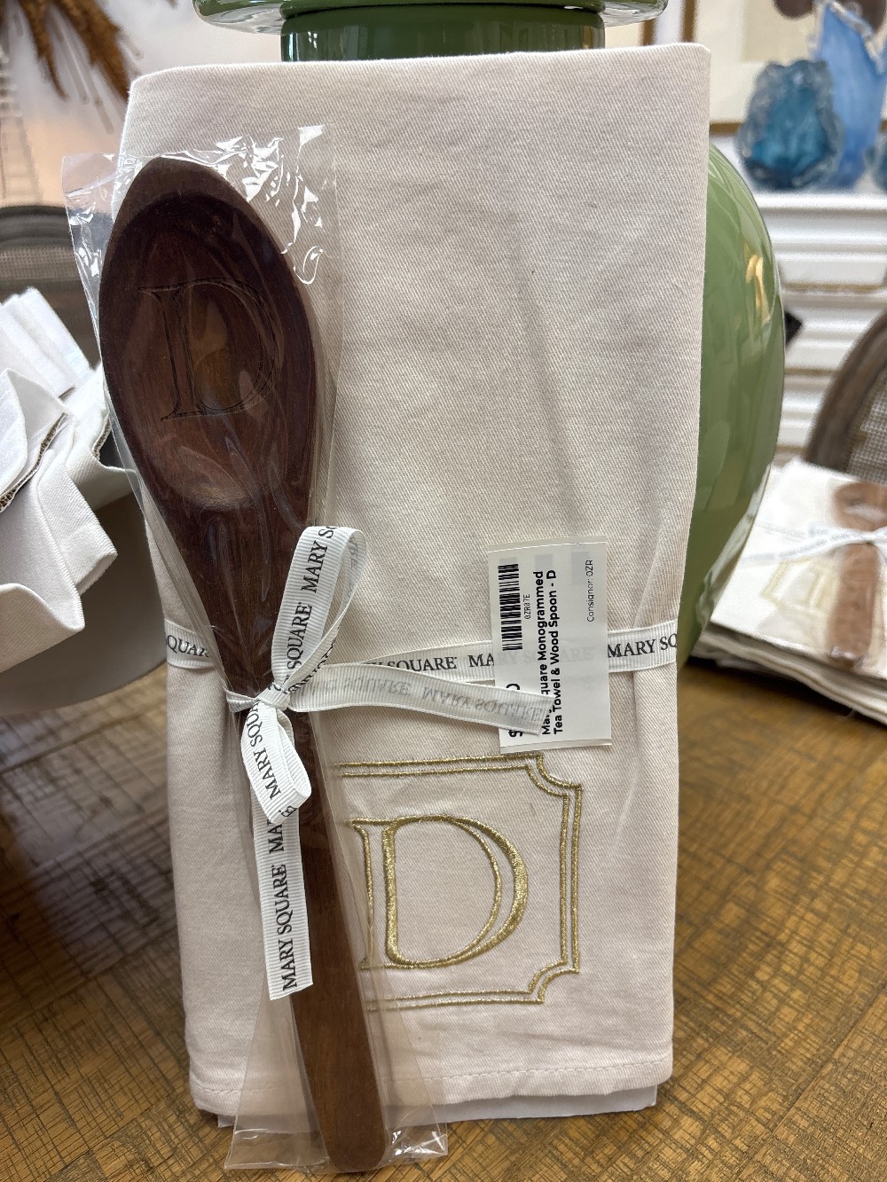 Mary Square Monogrammed Tea Towel & Wood Spoon - D