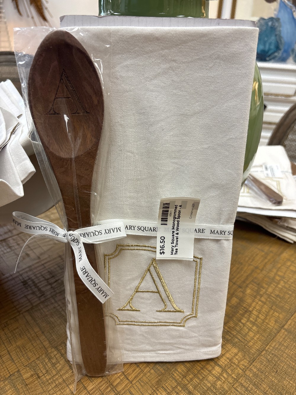 Mary Square Monogrammed Tea Towel & Wood Spoon - A