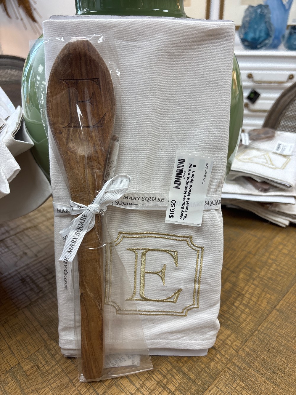 Mary Square Monogrammed Tea Towel & Wood Spoon - E