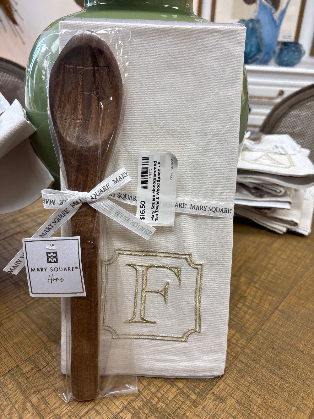 Mary Square Monogrammed Tea Towel & Wood Spoon - F
