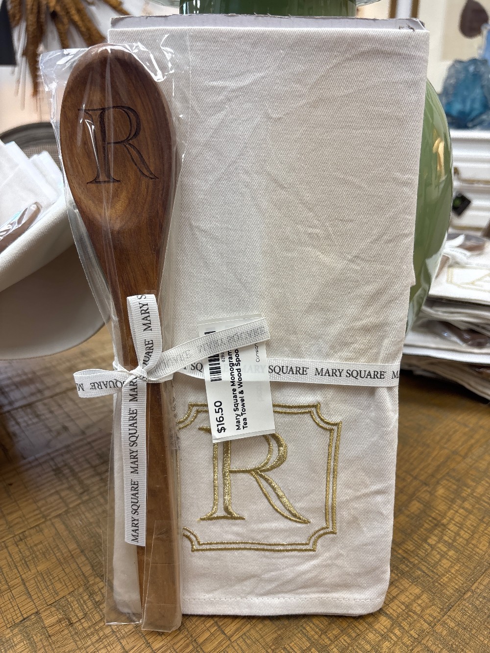 Mary Square Monogrammed Tea Towel & Wood Spoon - R
