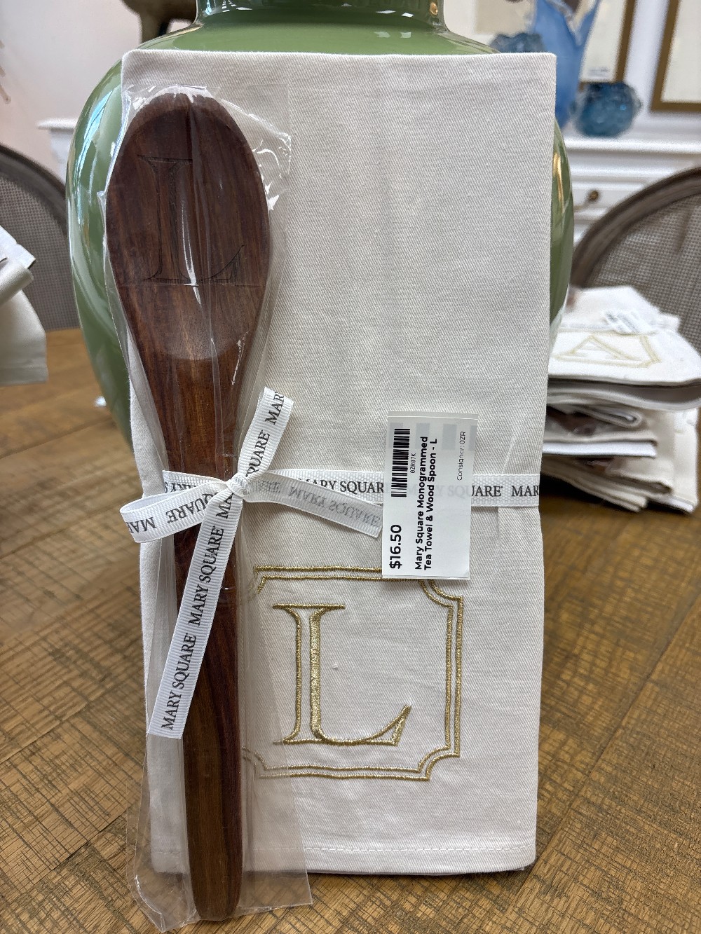 Mary Square Monogrammed Tea Towel & Wood Spoon - L