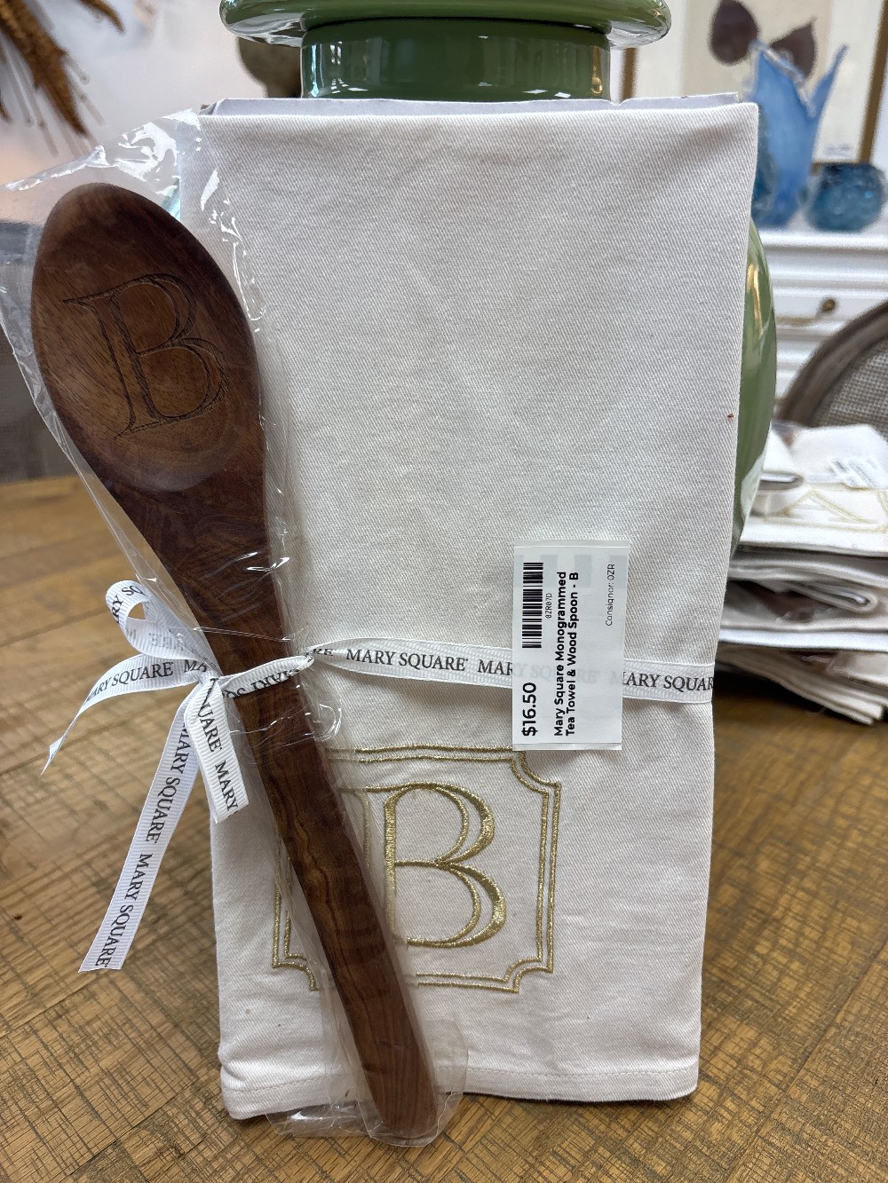 Mary Square Monogrammed Tea Towel & Wood Spoon - B