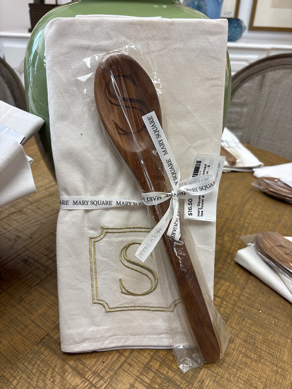 Mary Square Monogrammed Tea Towel & Wood Spoon - S