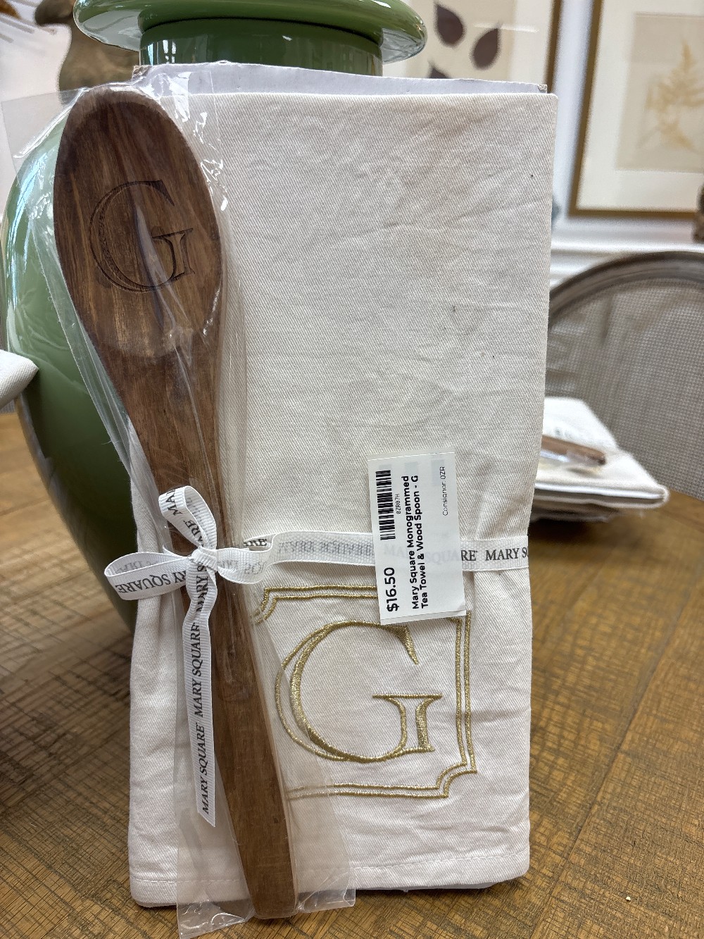Mary Square Monogrammed Tea Towel & Wood Spoon - G