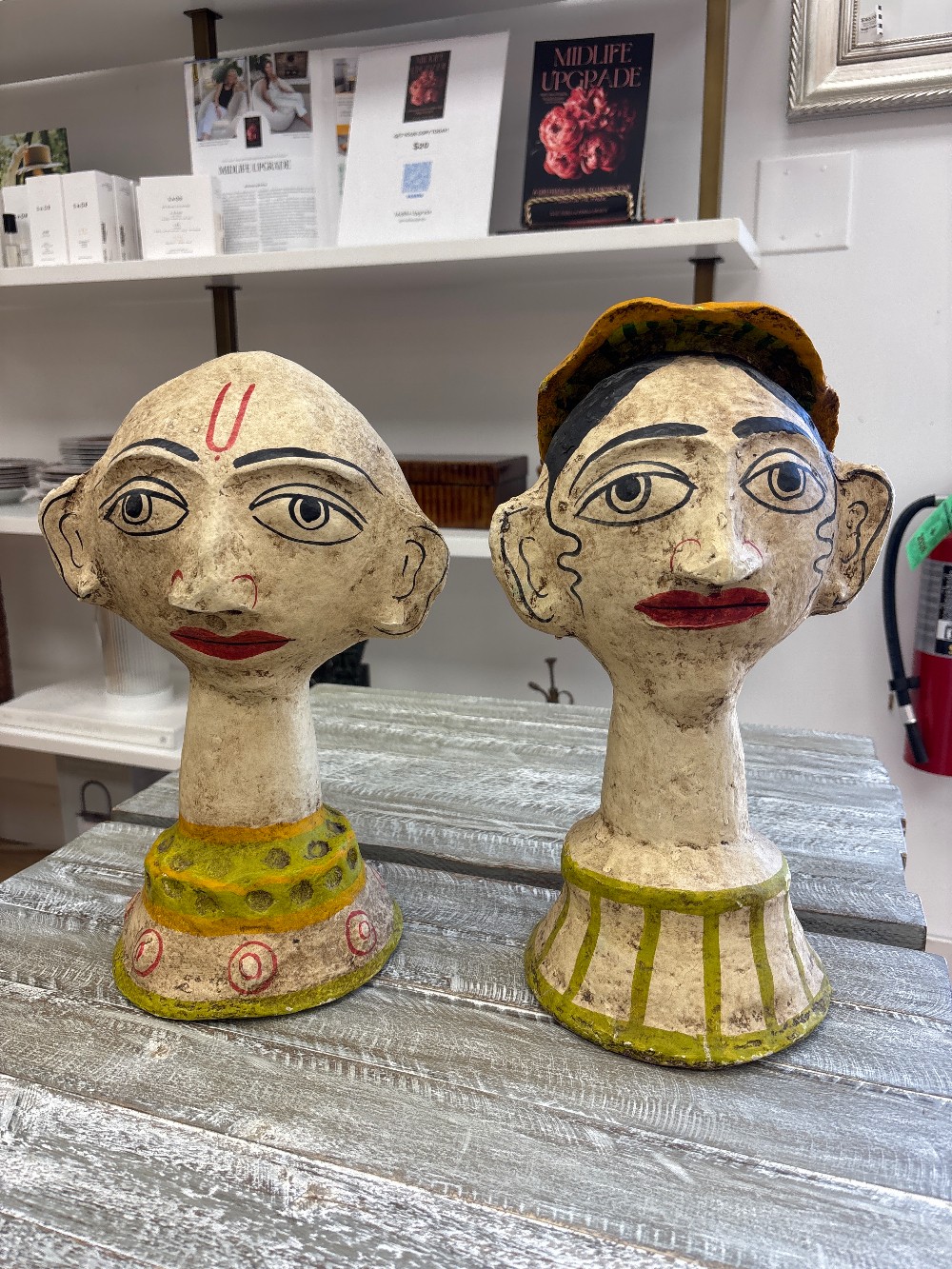 Vintage Indian Paper Mache Man & Woman Sculptures, Pair