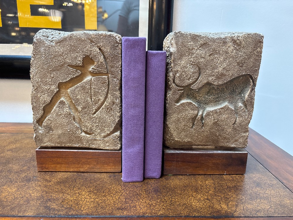 Primitive Hunter Stone Relief Sculpture Bookends, Pair