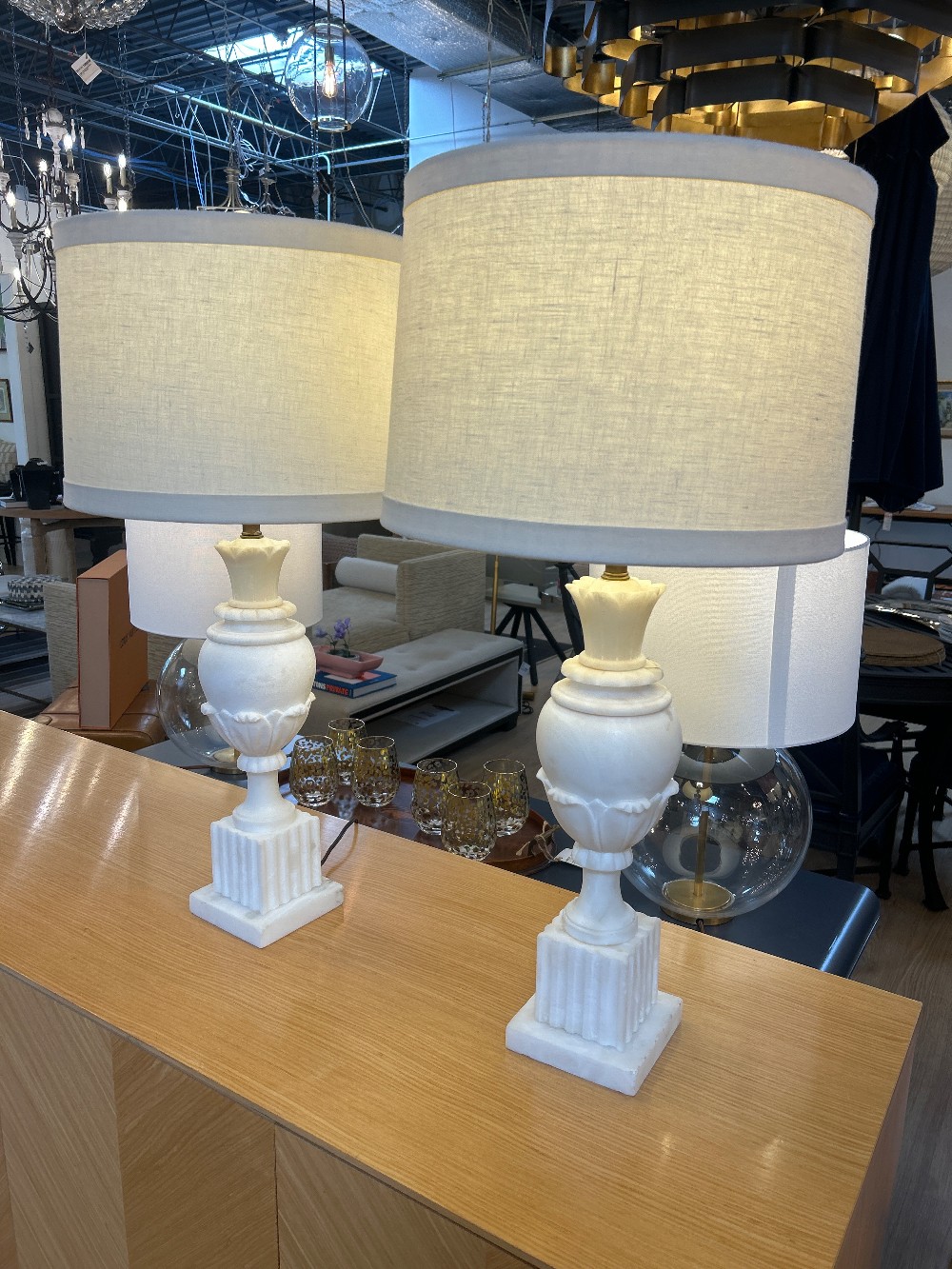 Vintage Carved Italian Alabaster Marble Lamps, Pair