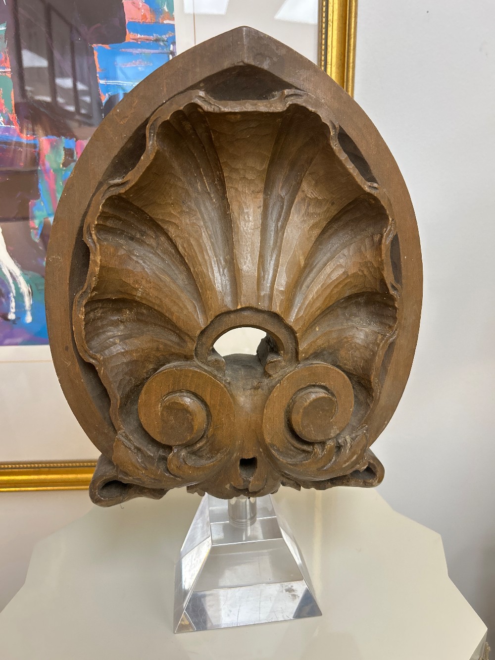 Carved Wood Architectural Artifact on Acrylic Base