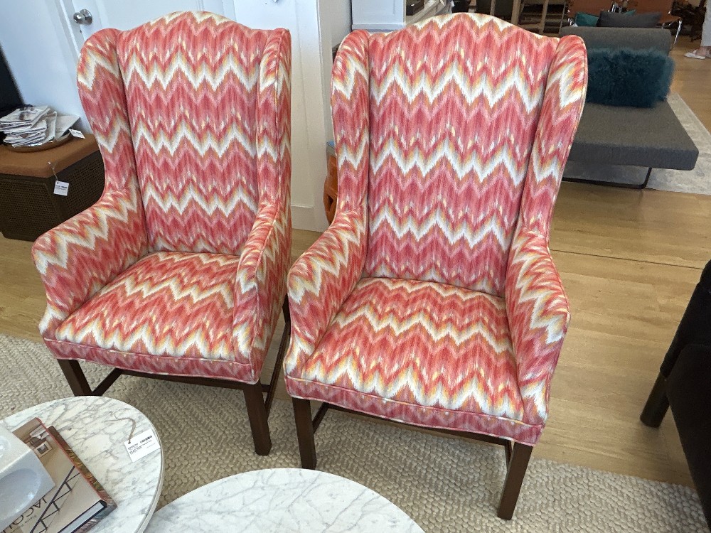 Vintage Wingback Chairs, Flamestitch Upholstery, Pair