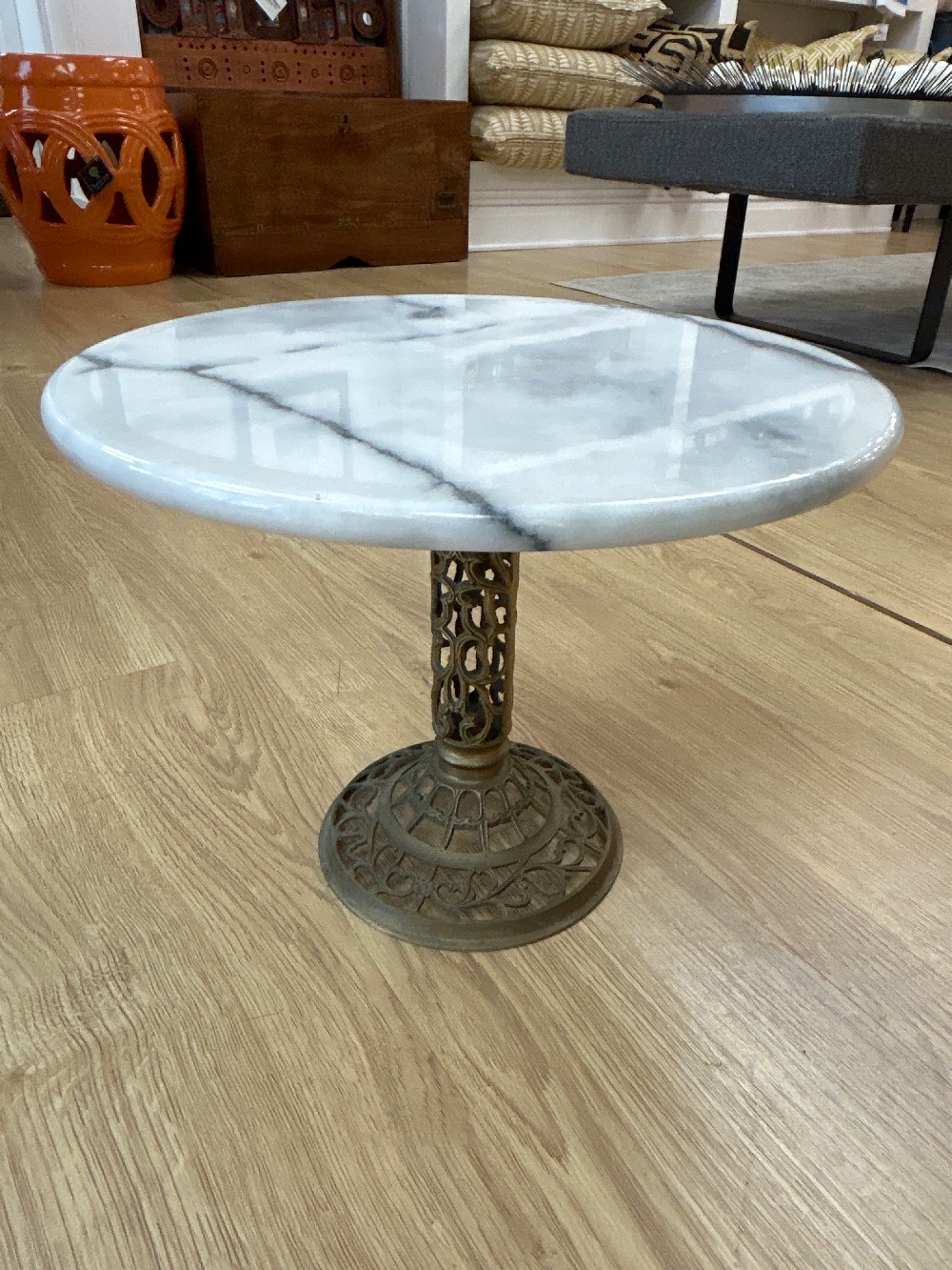 Vintage Marble Top Brass Filigree Short Pedestal Table