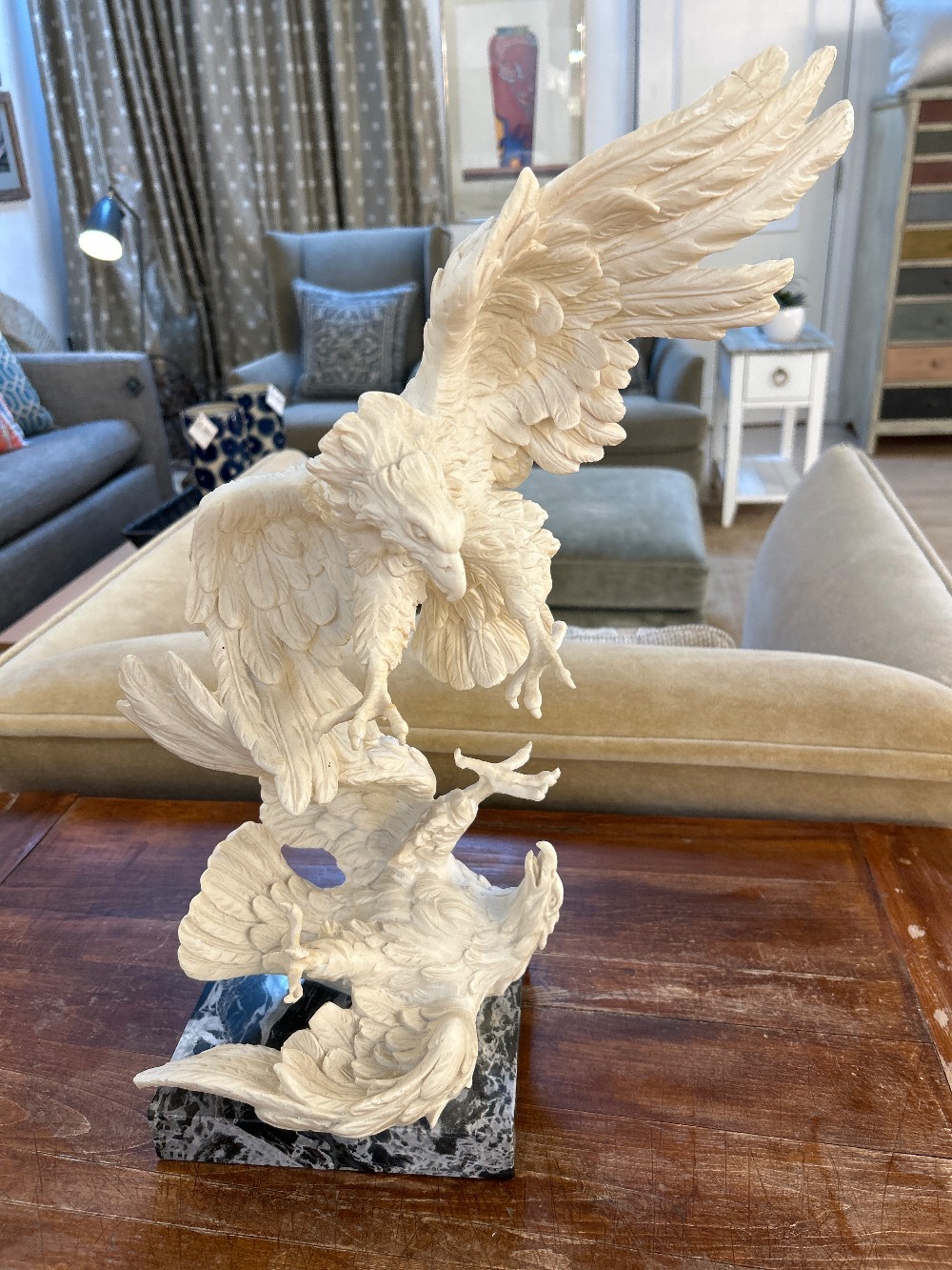 Carved Alabaster Bald Eagles Sculpture by A. Santini