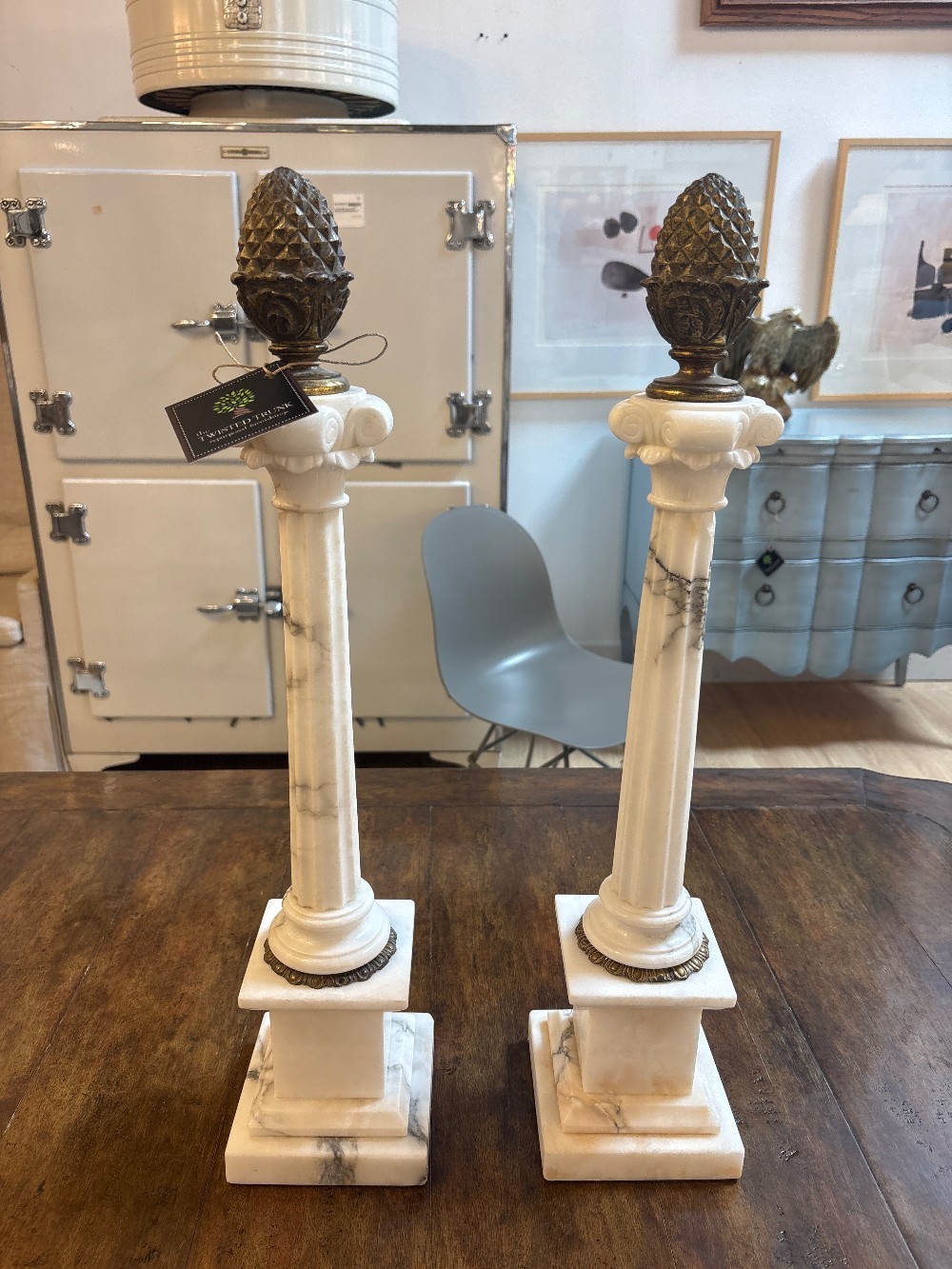 Vintage Marble Column Obelisks with Brass Finials, Pair