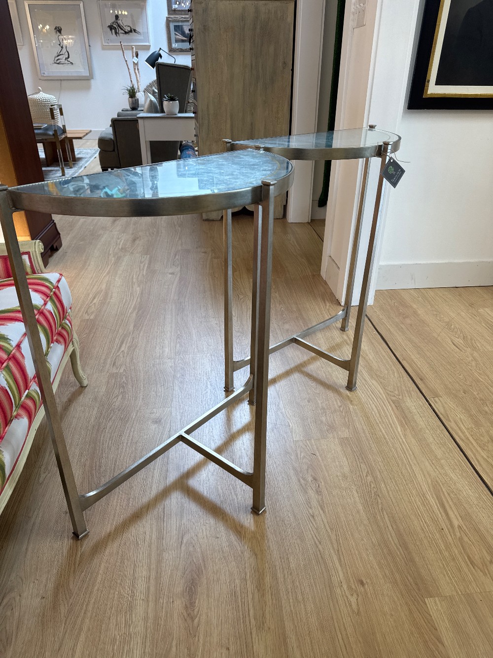 Jonathan Charles Eglomise Iron Demilune Tables, Pair