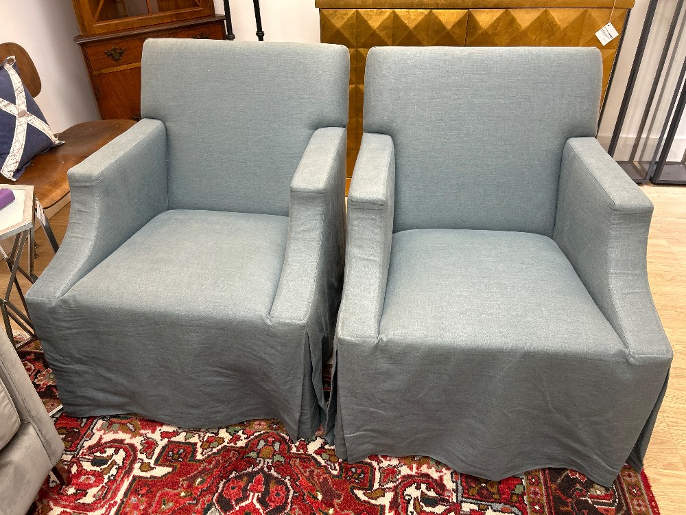 Custom Linen Slipcovered Accent Chairs, Pair