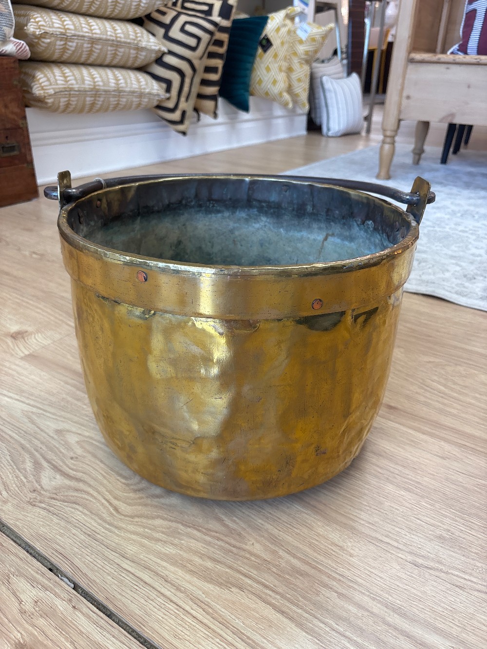 Antique Brass & Copper Cauldron with Forged Iron Handle
