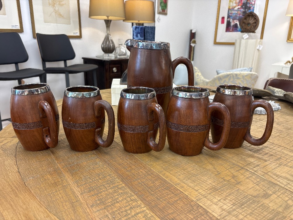 Vintage Carved Wood Pitcher & 5 Mugs with Silver Inserts