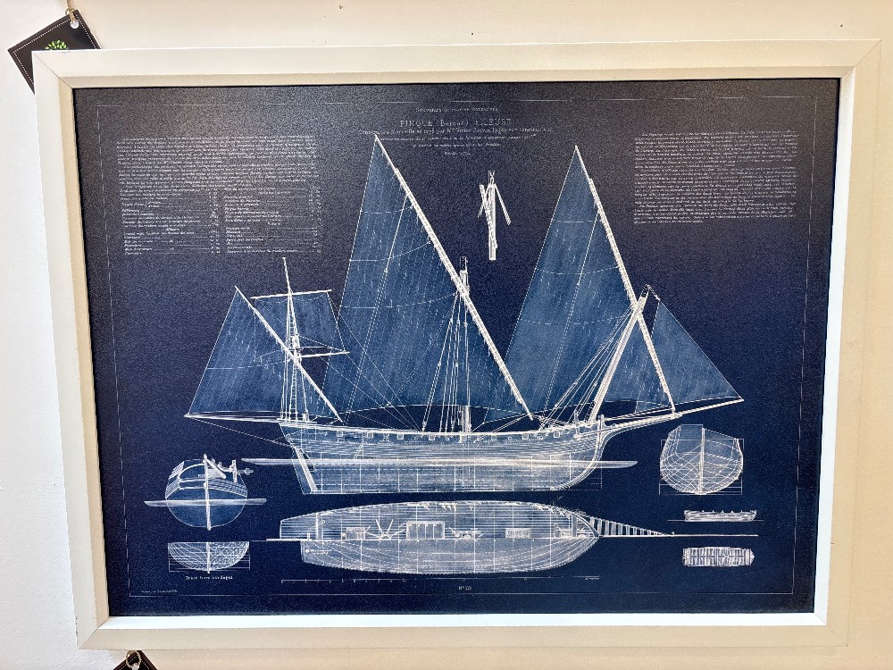 Antique Ship Blueprint Print, Framed