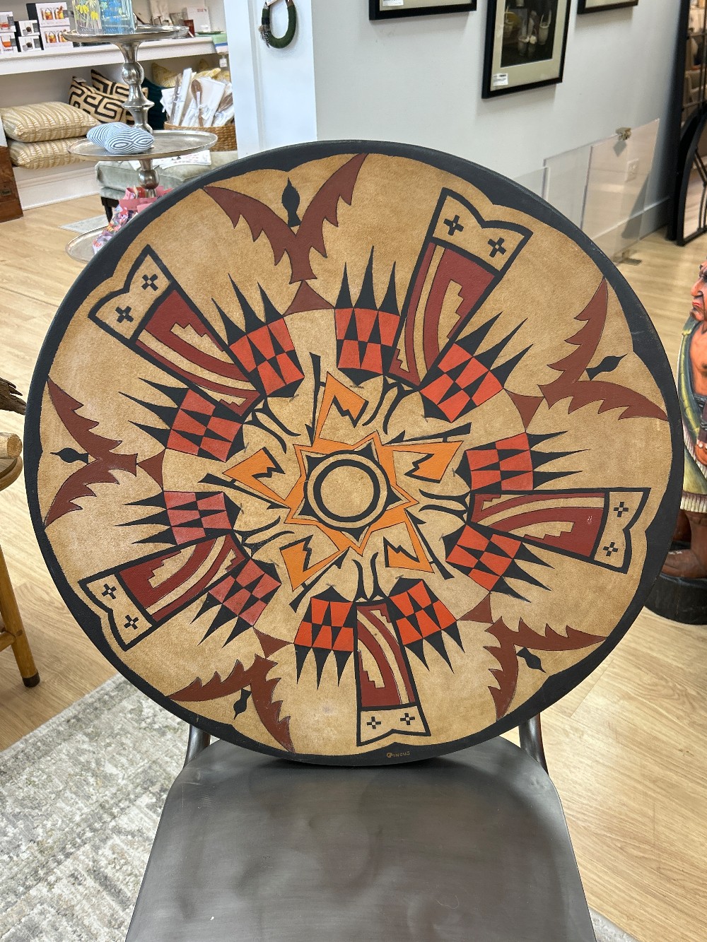 Hand Painted Leather Indian Drum Wall Art by Gary Pincus